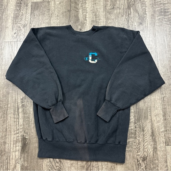 Vintage 90s Champion Reverse Weave Embroidered Logo Sweatshirt Distressed - Picture 1 of 6